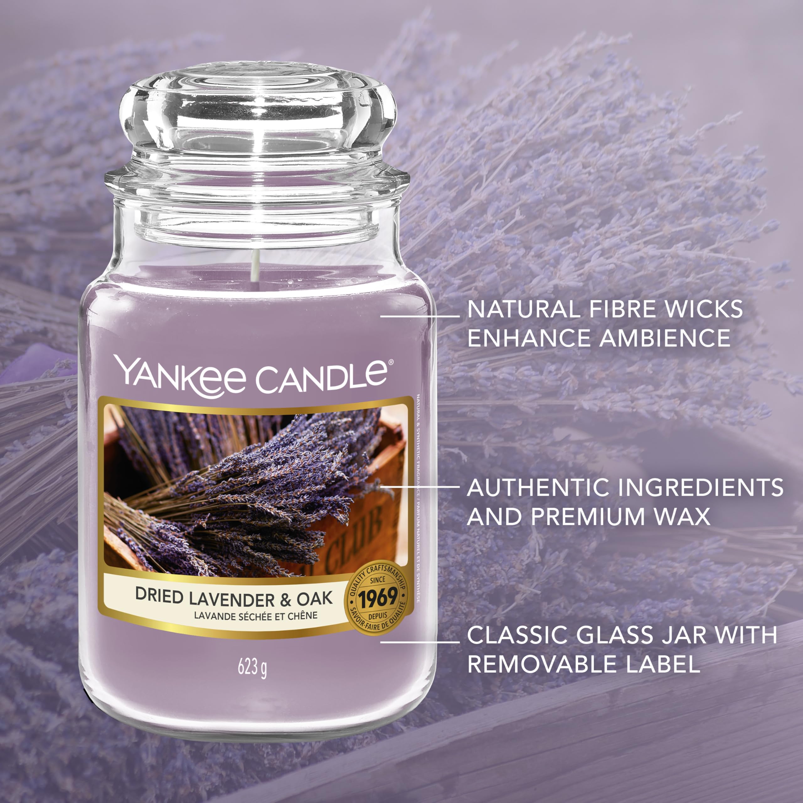 Lid-on image of Yankee Candle Lavendar & Oak jar preserving fragrance