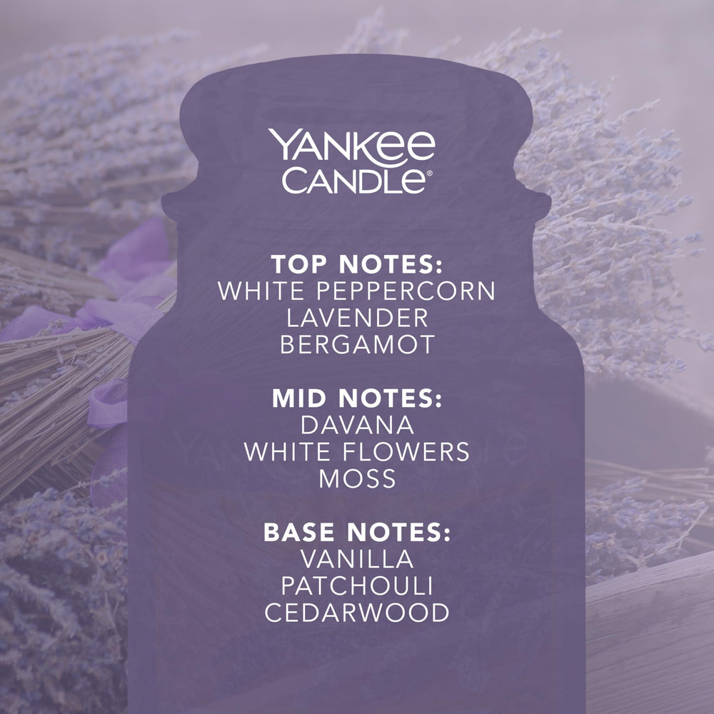 Removable label on Yankee Candle Lavendar & Oak large jar for a personalized gift look