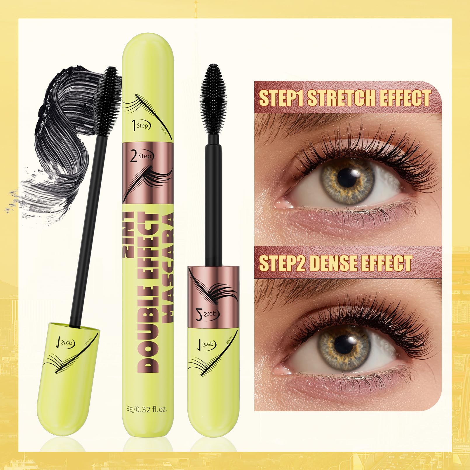 Yanqina Black Tubing Mascara bottle shows washable formula for gentle removal.