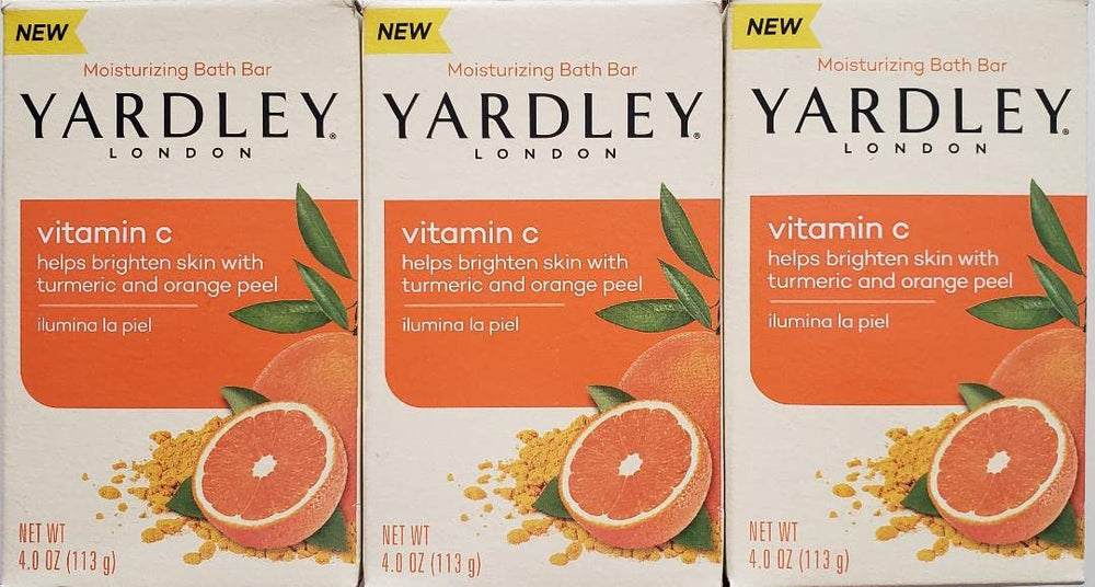 Yardley London Vitamin C bath bar with turmeric and orange peel brightens skin subtly.