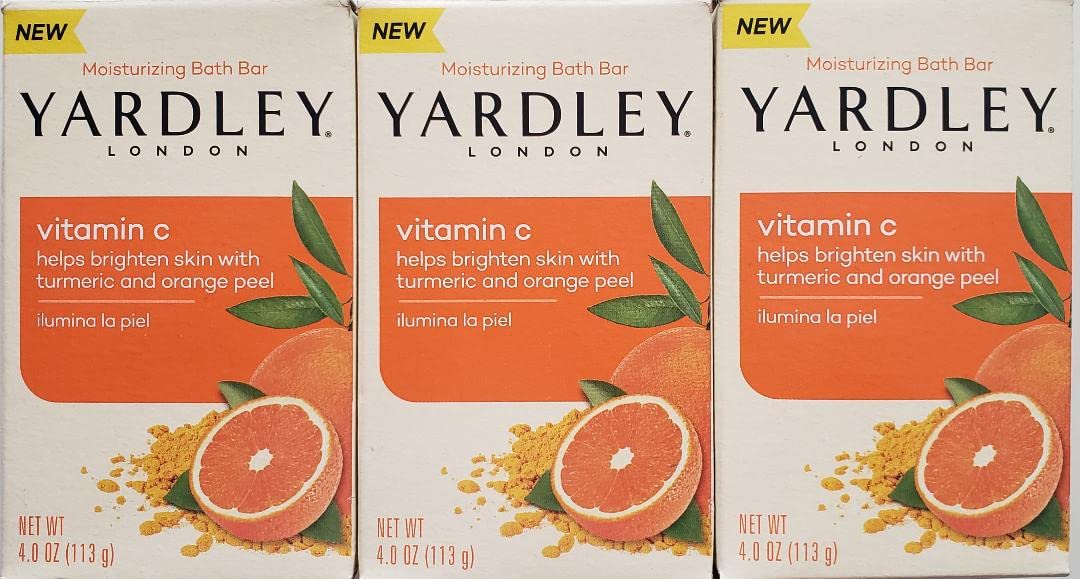Yardley London Vitamin C bath bar with turmeric and orange peel brightens skin subtly.