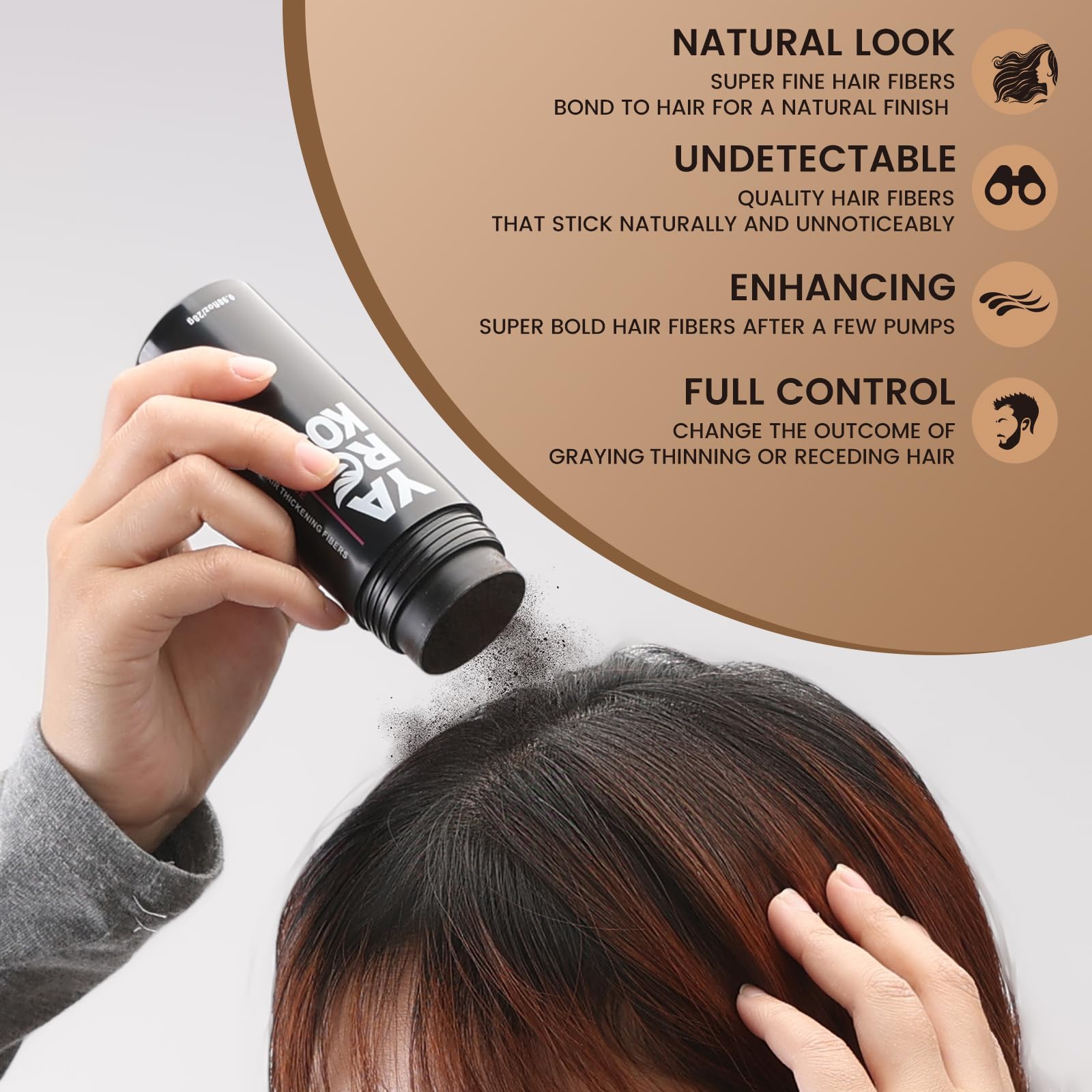 Yargkos Hair Fibers closeup shows fine powder and natural finish.