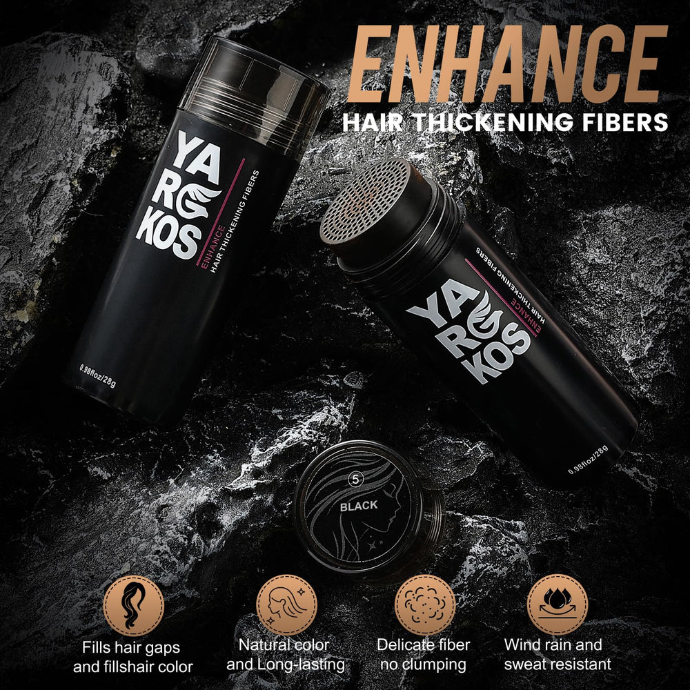 Yargkos Hair Fibers blend with existing hair for seamless texture.