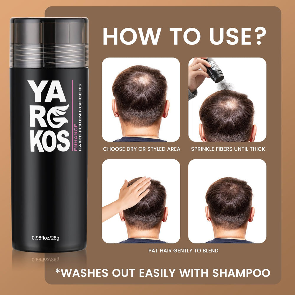 Yargkos Hair Fibers root touch-up between dyes for quick refresh.