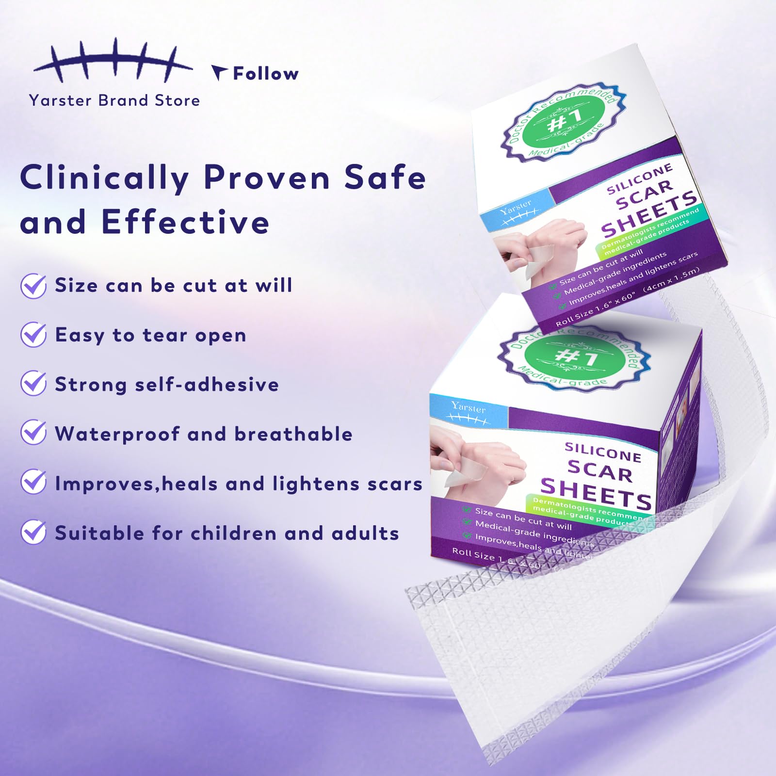 Yarster silicone scar sheets on skin demonstrating discreet, all-day wear.