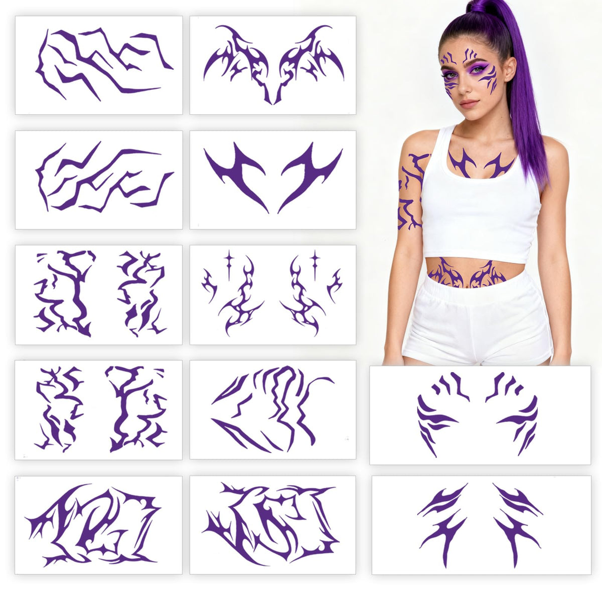 Yazhiji intricate purple runes cosplay tattoos for bold, screen-ready fantasy looks