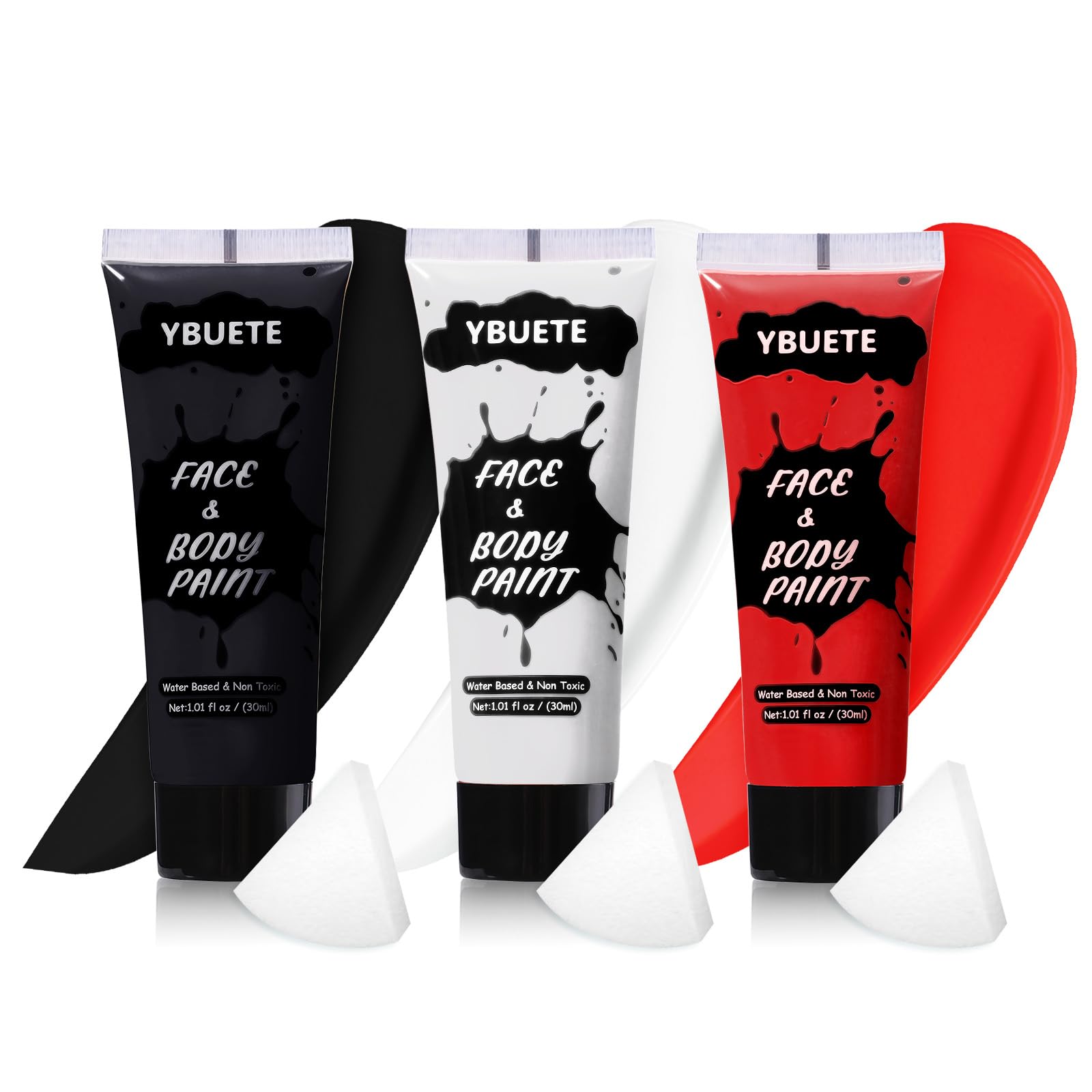YBUETE white, black, and red face paint swatches for bold cosplay looks.