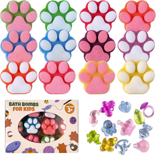 Yekery paw bath bombs packaging showcases a colorful set for kids' bath time.