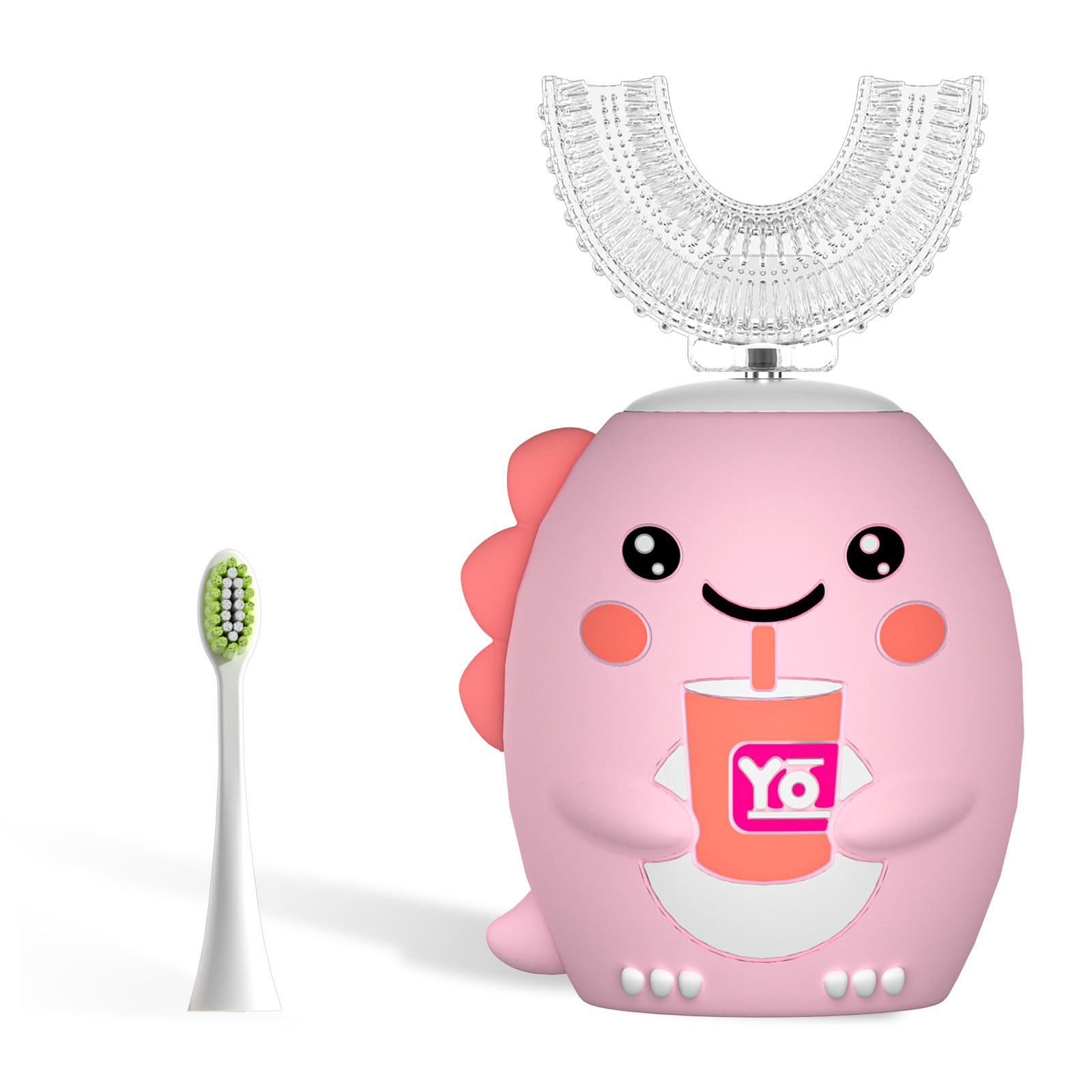 Yeklike Kids U-Shaped Pink Toothbrush with cartoon dinosaur design