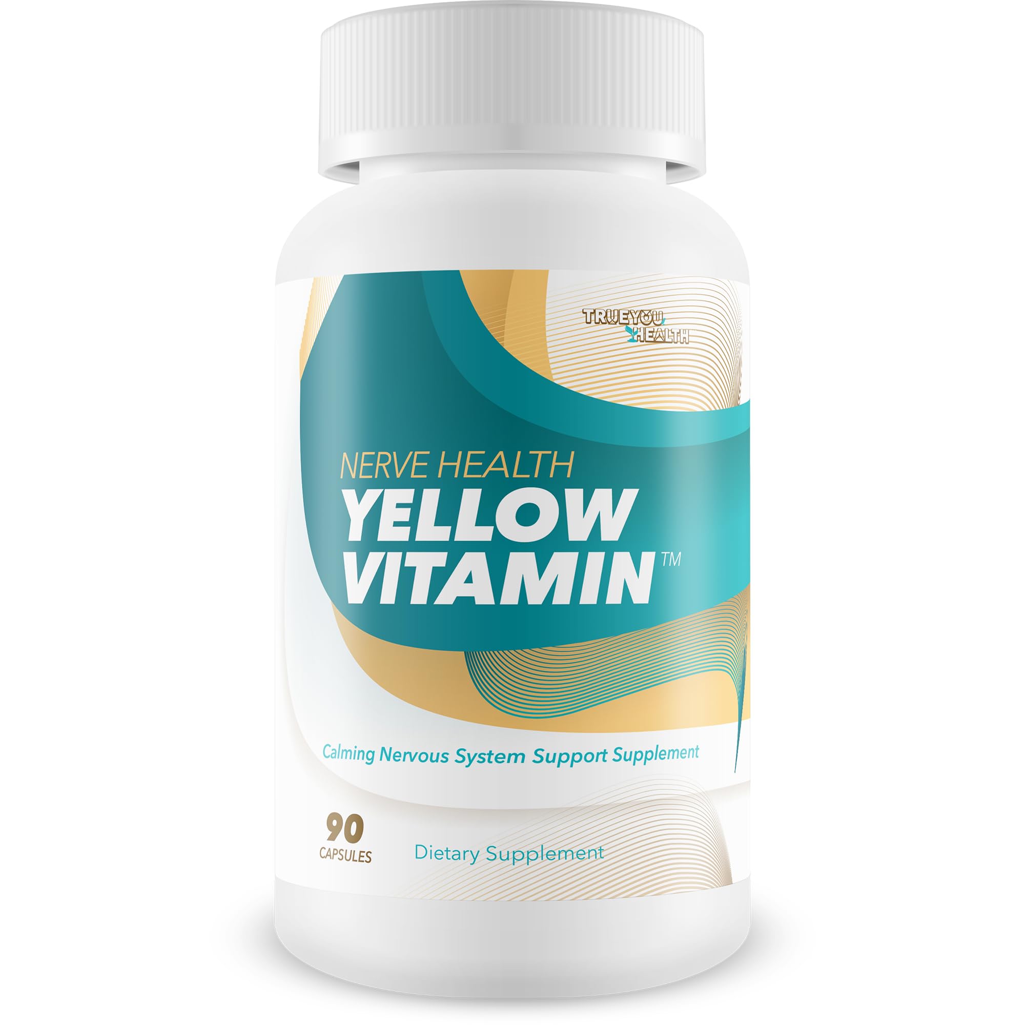 Bottle of Yellow Vitamin for Nerves on white background