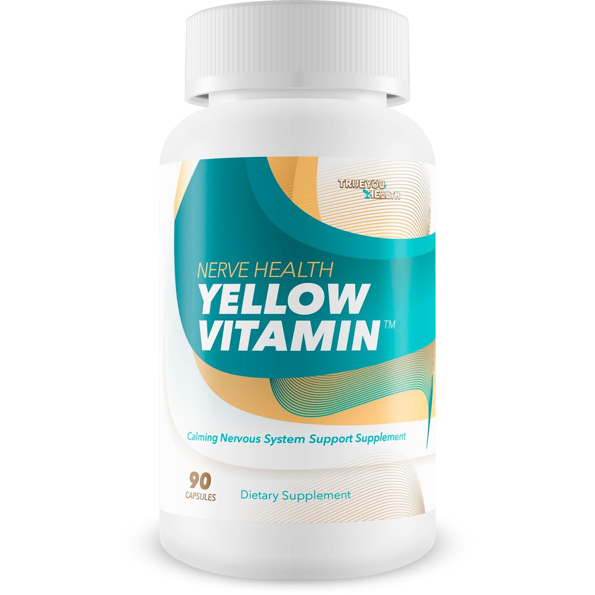 Bottle of Yellow Vitamin for Nerves on white background