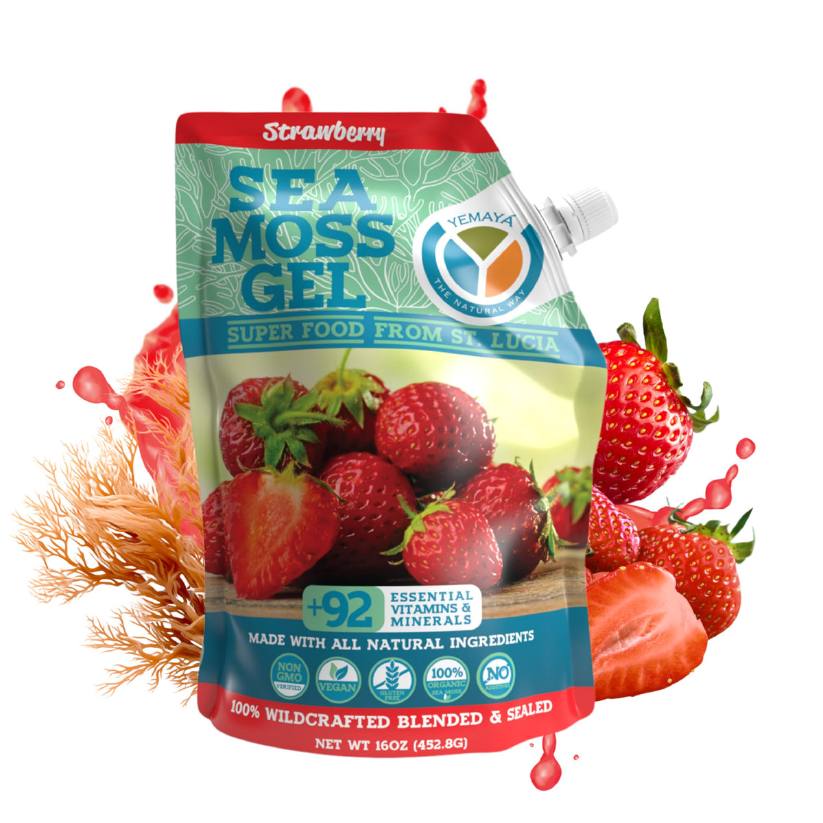 Yemayá Organic Sea Moss Gel Strawberry 16 oz jar front view