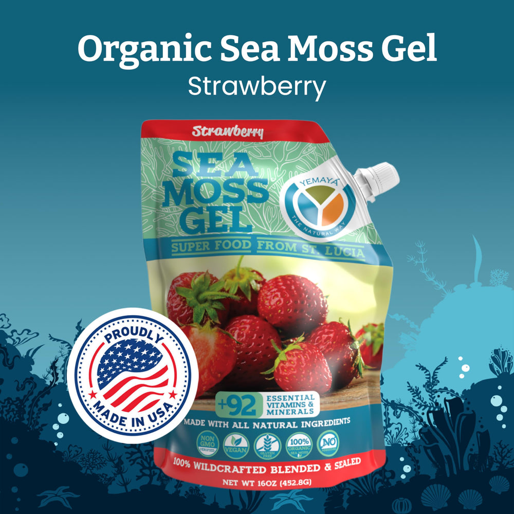 Yemayá Organic Sea Moss Gel Strawberry label close-up