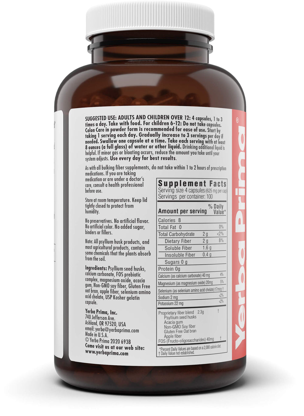 Front view of Yerba Prima Colon Care bottle on white background