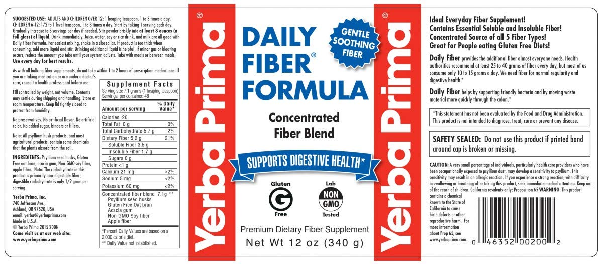 Back panel with ingredients for Yerba Prima Daily Fiber Formula 12 oz 3-pack