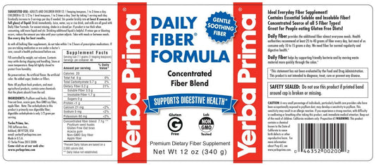 Back panel with ingredients for Yerba Prima Daily Fiber Formula 12 oz 3-pack