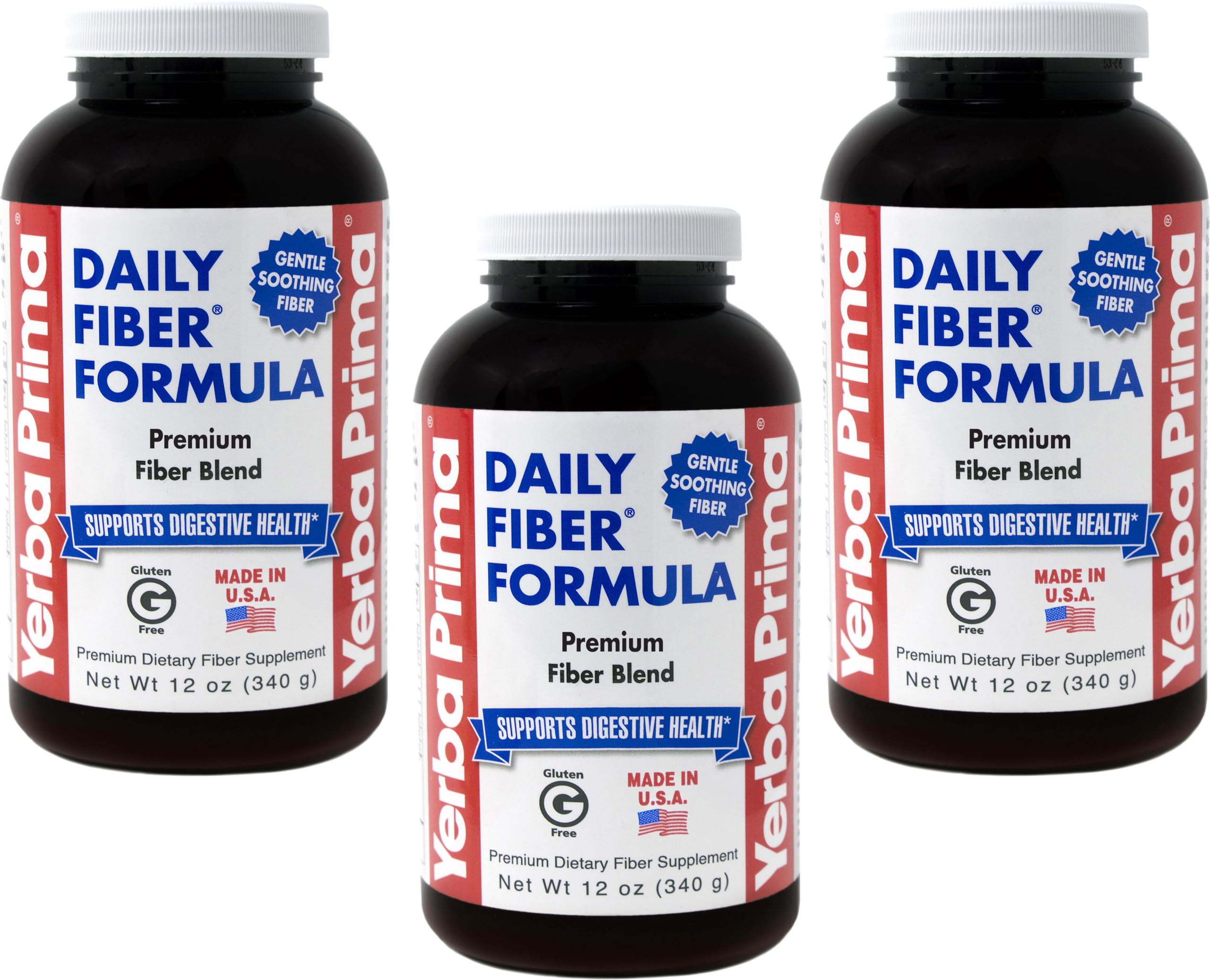 Front view of Yerba Prima Daily Fiber Formula 12 oz 3-pack