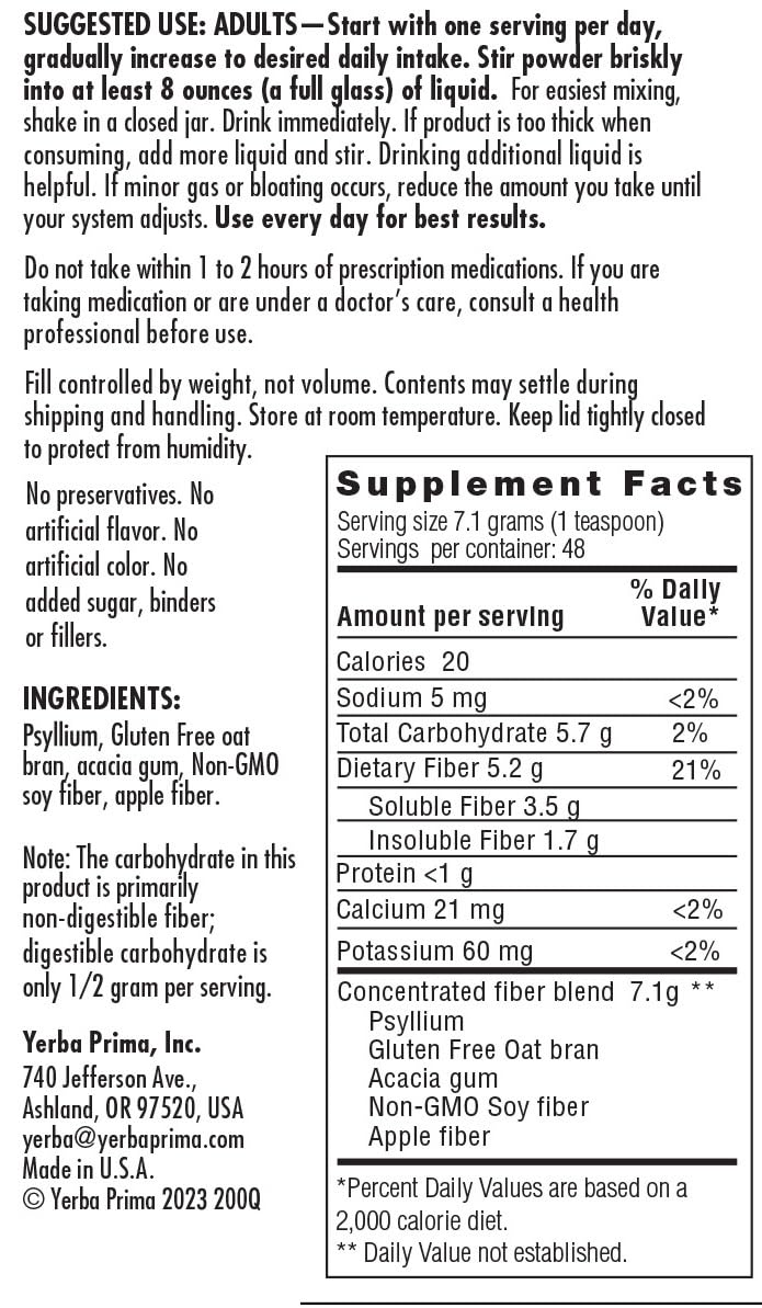Gluten-free indication on Yerba Prima Daily Fiber Formula Powder packaging.