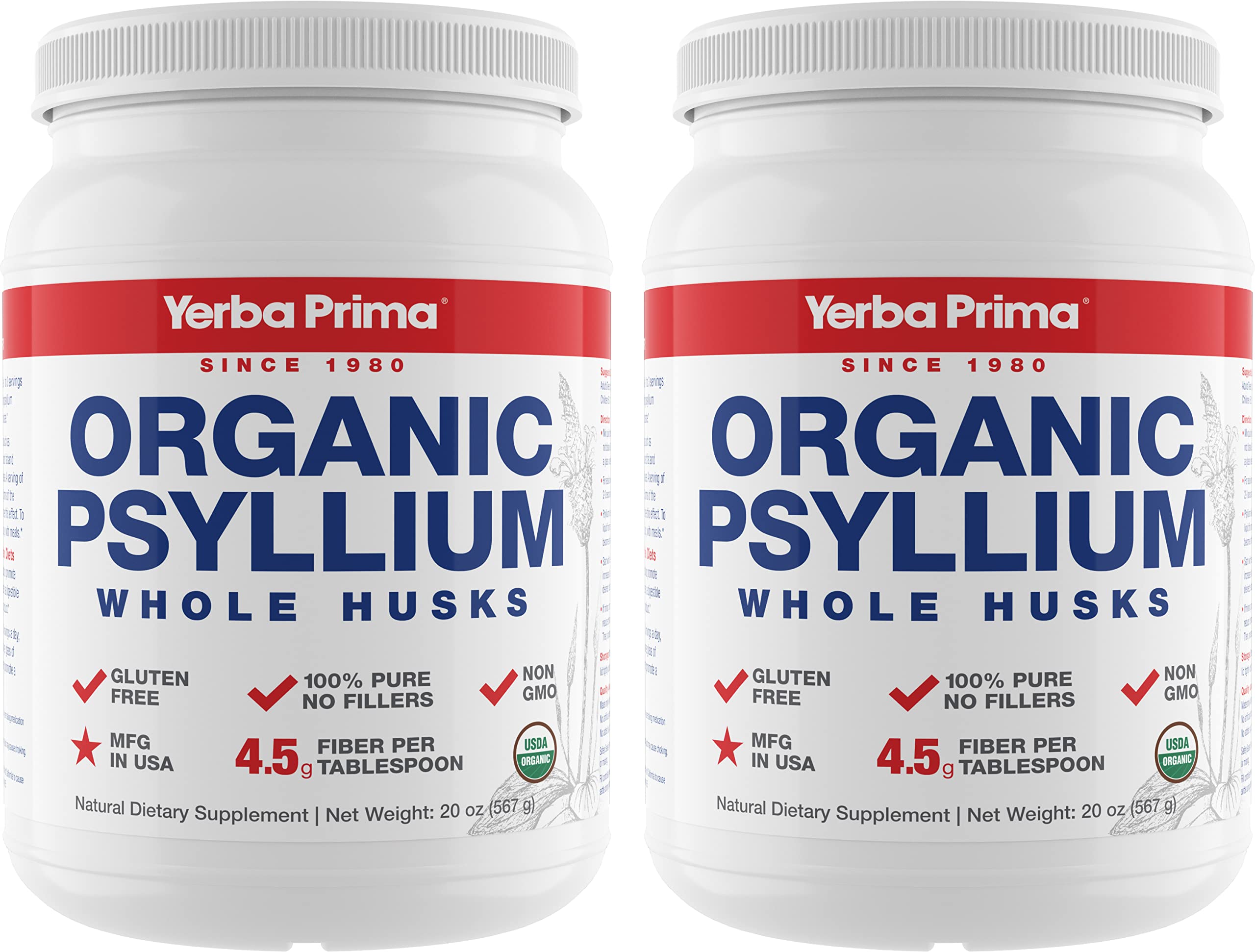 Front view of Yerba Prima Organic Whole Psyllium Husks 20 oz Pack of 2