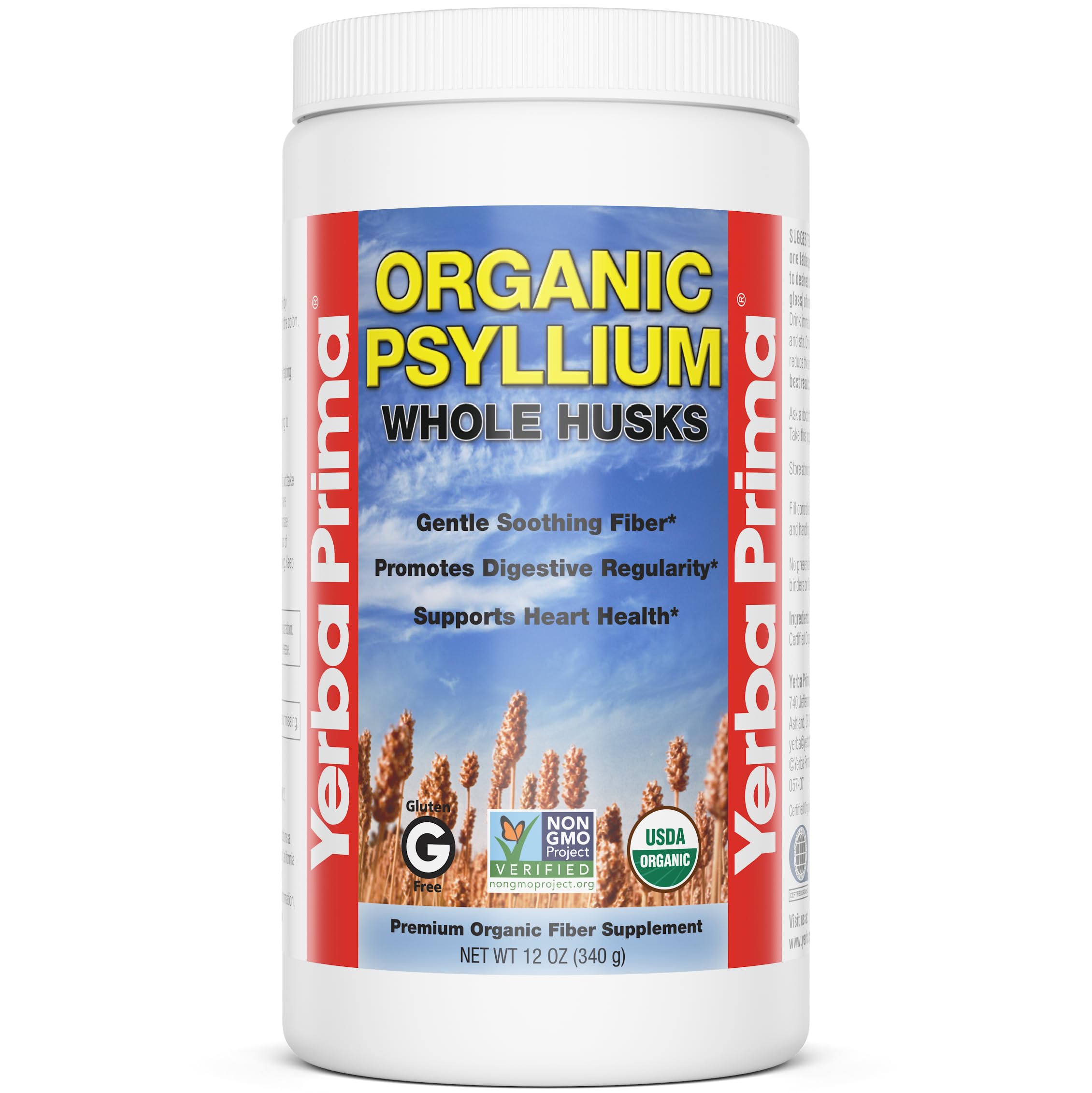 Front view of Yerba Prima Organic Psyllium Whole Husks 12 oz package