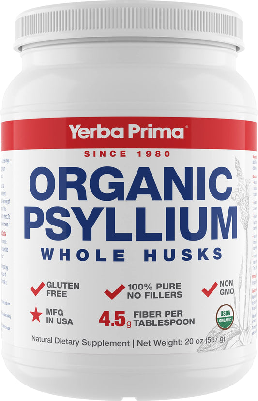 Front view of Yerba Prima Organic Psyllium Whole Husk 20 oz bottle