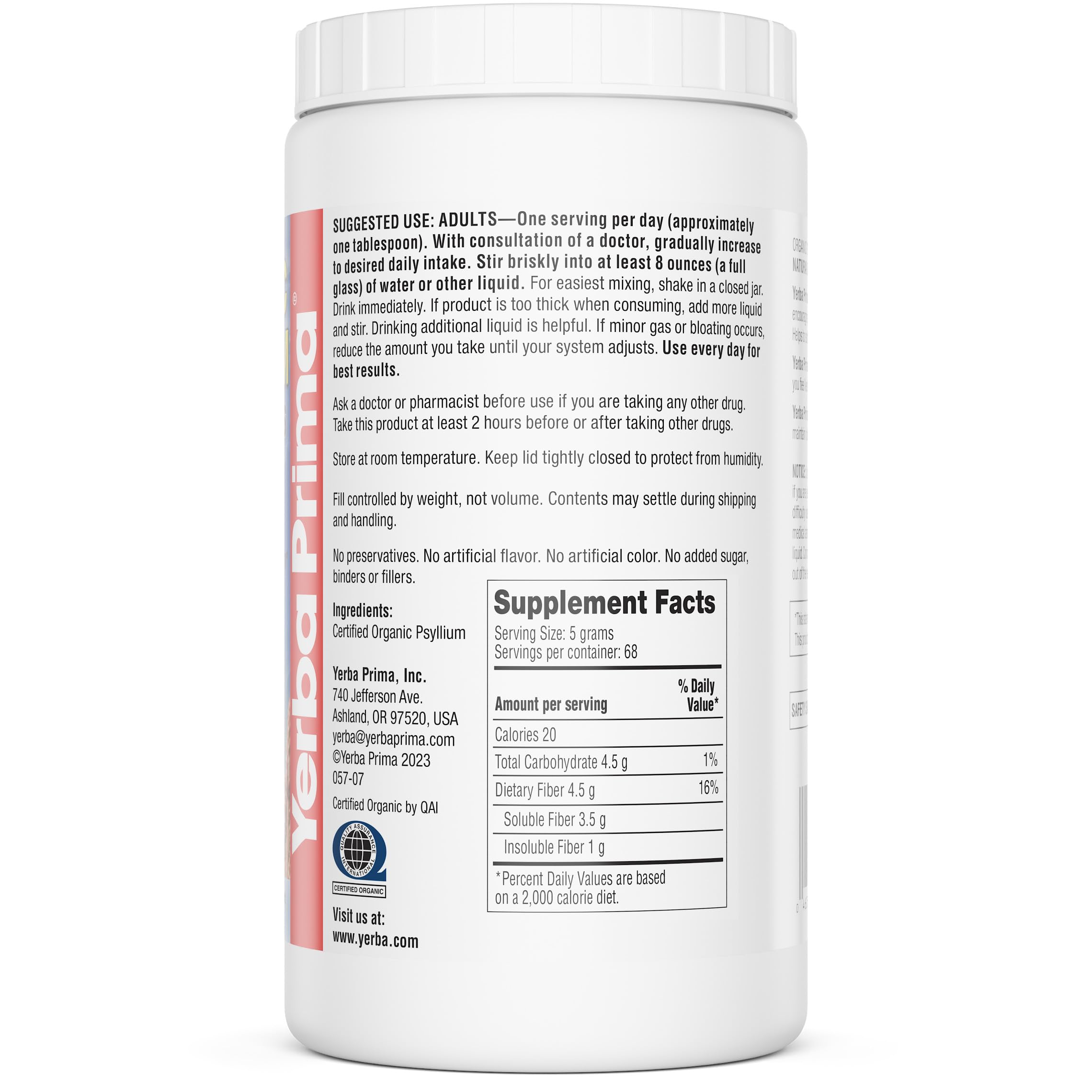 Back label showing organic and dietary certifications