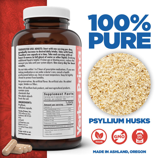 Close-up of Psyllium Husk Capsules showing 625 mg per capsule