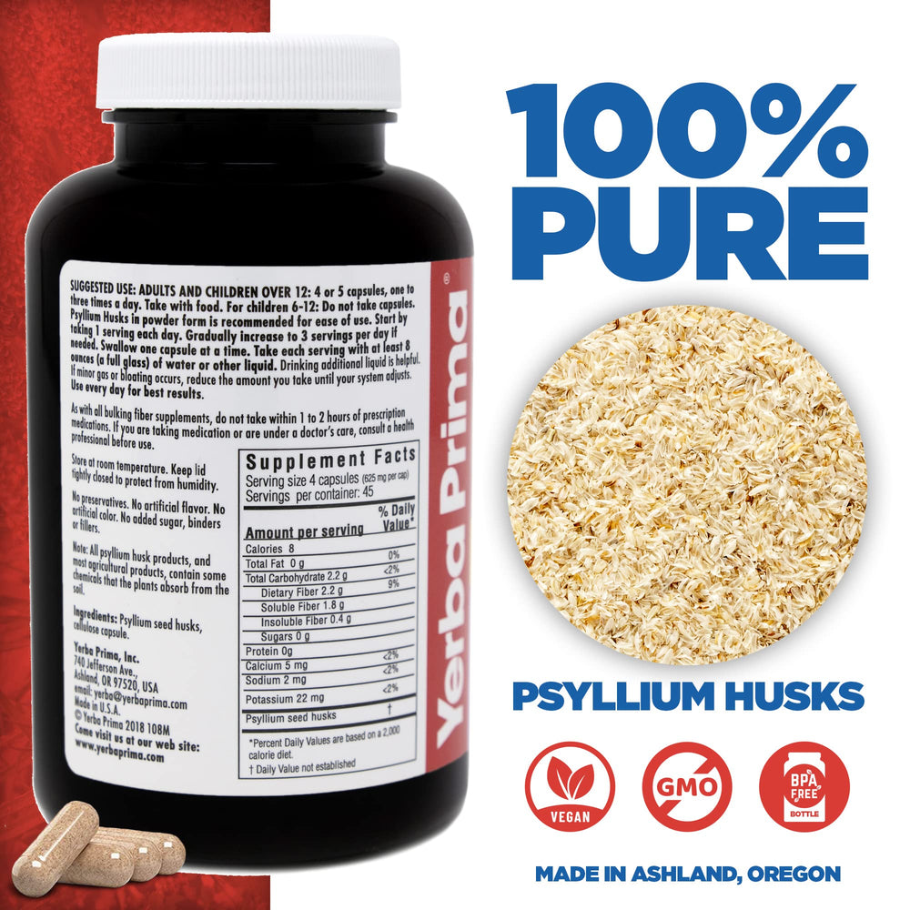 Nutrition label displaying 625 mg psyllium per capsule