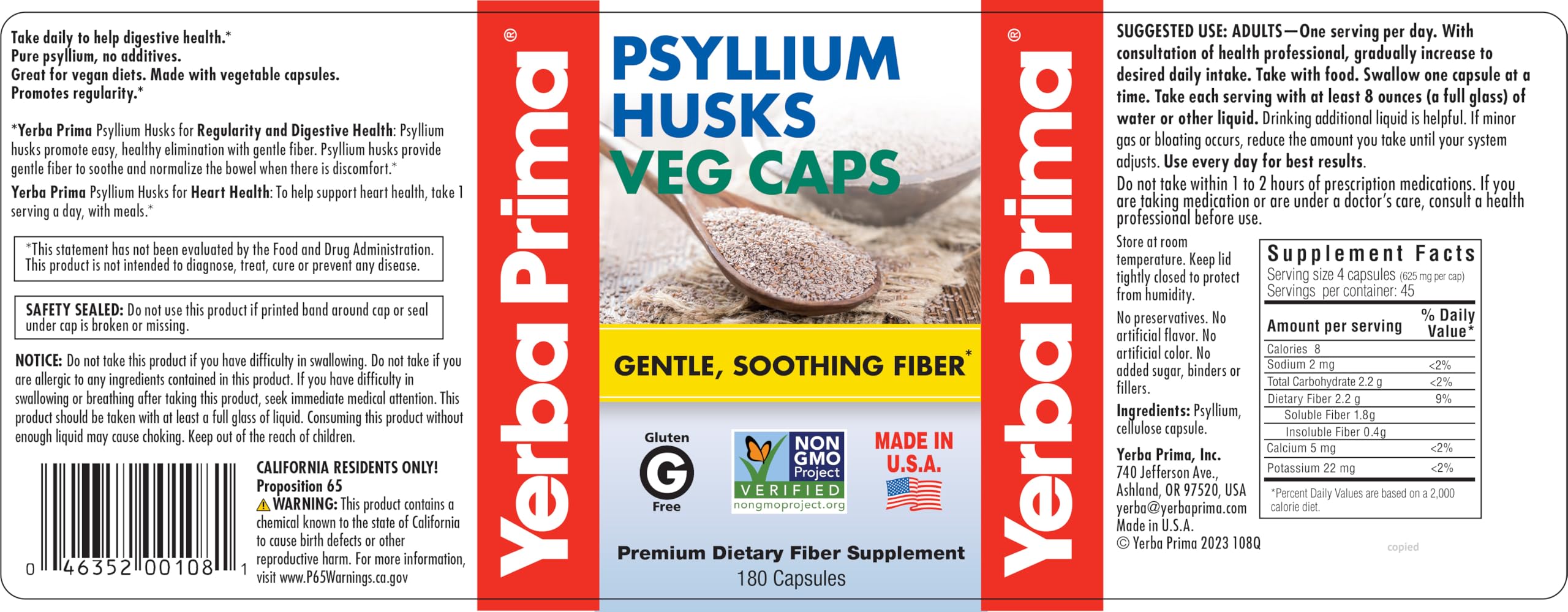 Non-GMO, gluten-free, vegan labeling on Yerba Prima product