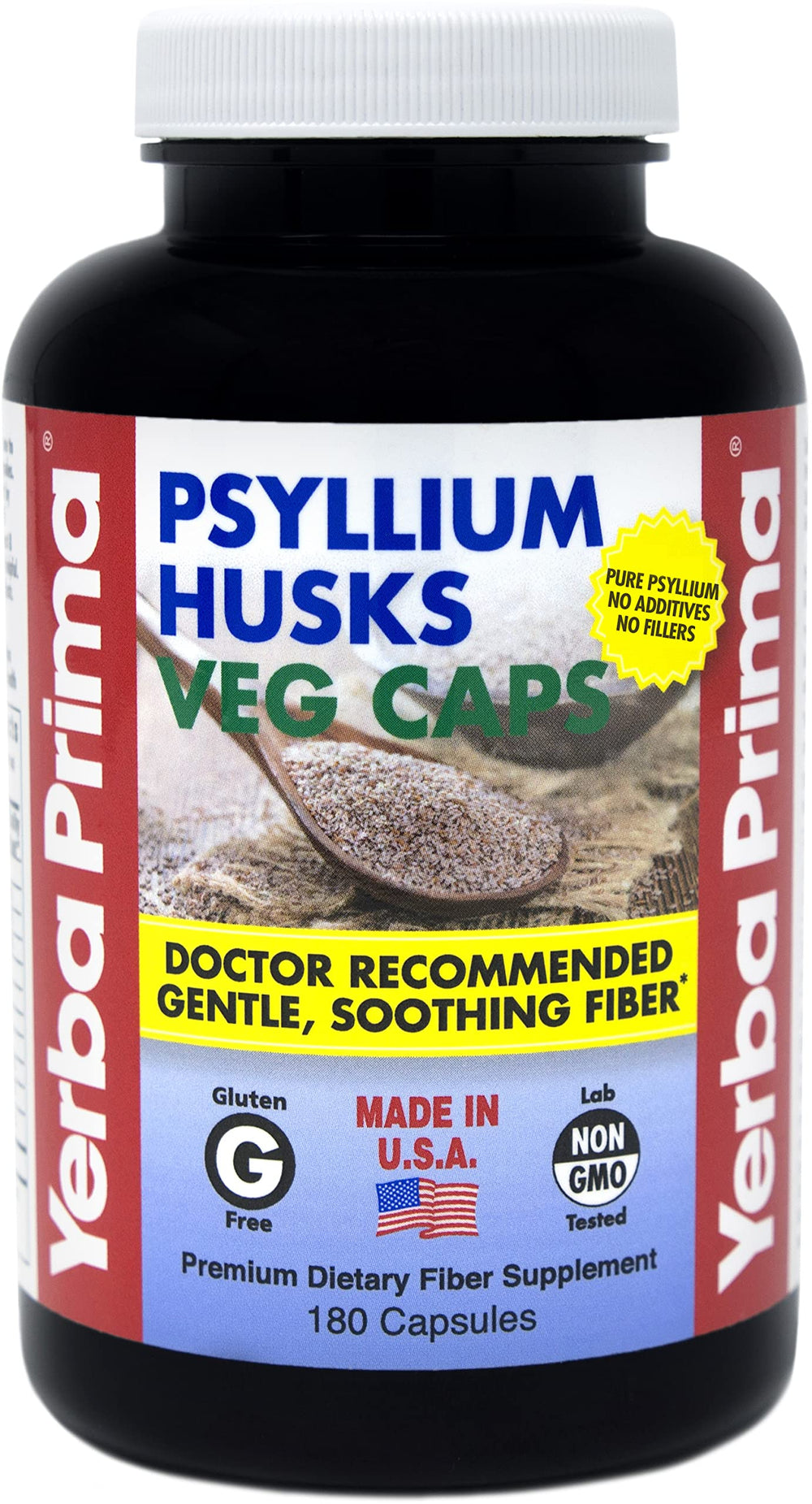Yerba Prima Psyllium Husks bottle with 180 vegan capsules (625mg) – vegan