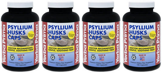 Front view of Yerba Prima Psyllium Husks Caps Pack of 4 Bottles, 180 capsules per bottle
