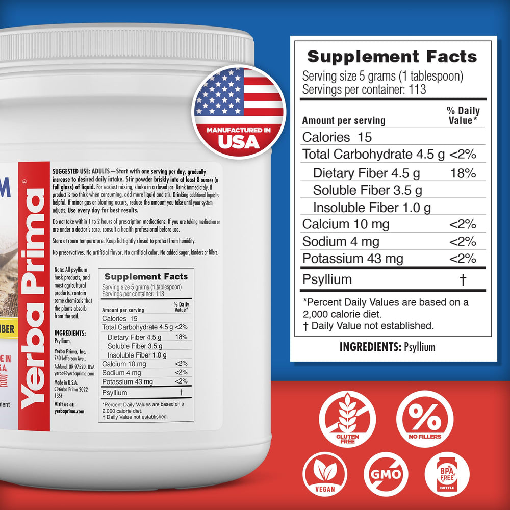 Label shows gluten-free, vegan and Non-GMO on Yerba Prima packaging
