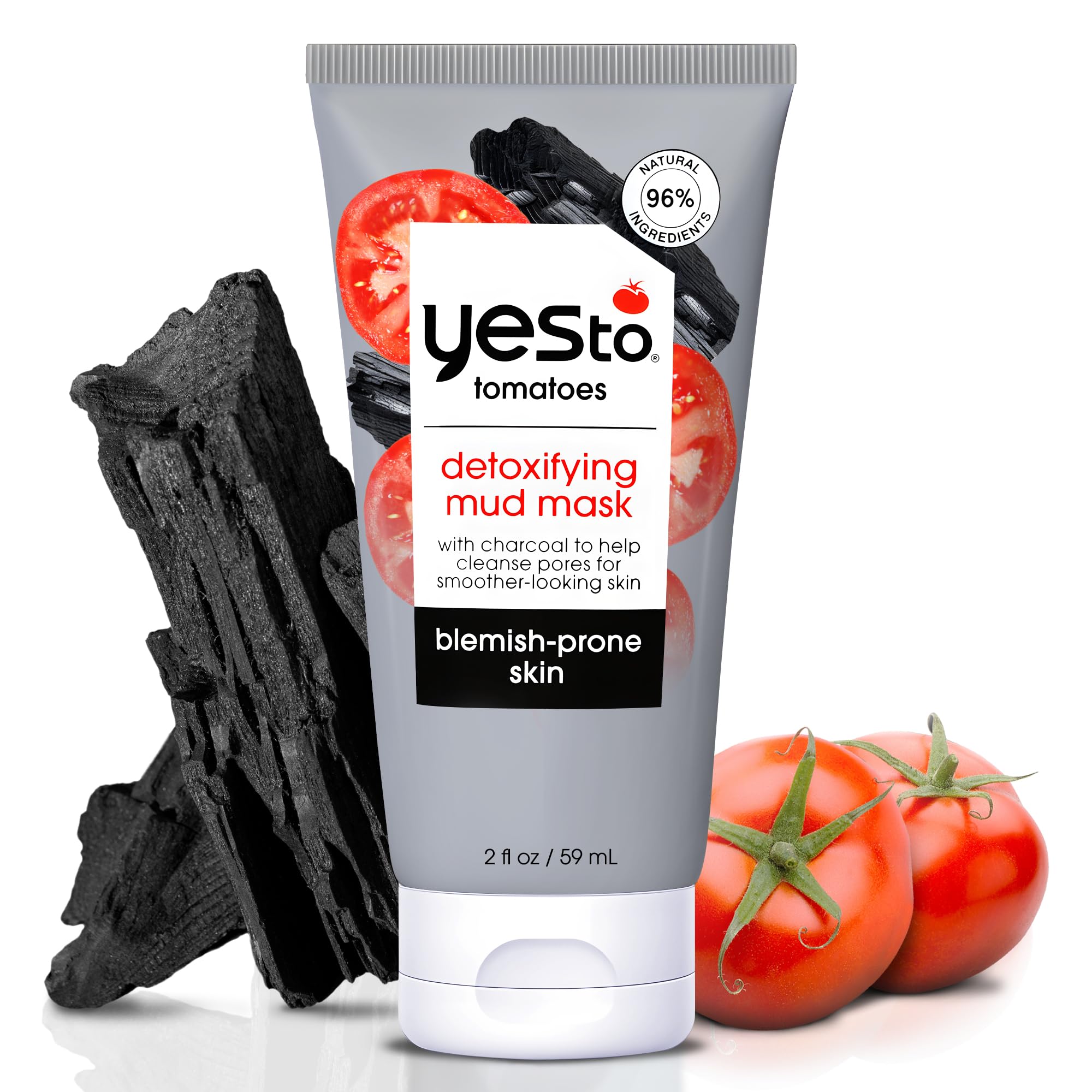 Yes To Tomatoes detoxifying charcoal mud mask jar close-up.