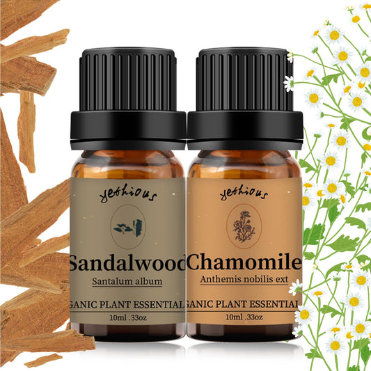 Two 10ml bottles of Yethious Chamomile and Sandalwood essential oils