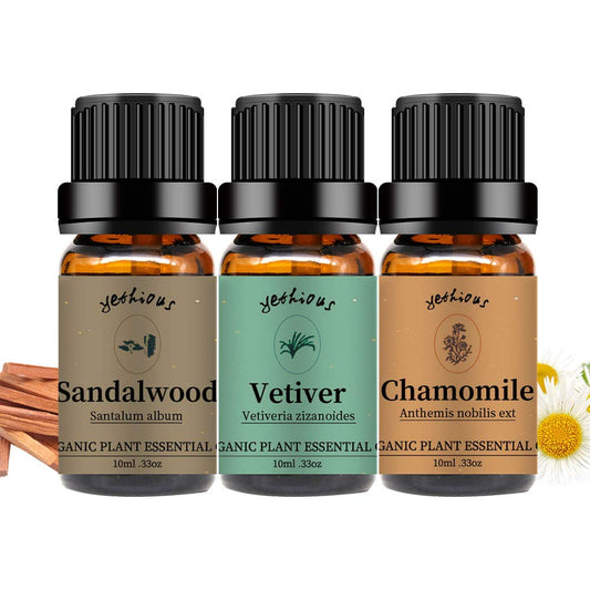 Box front of Yethious Chamomile Sandalwood Vetiver essential oil set