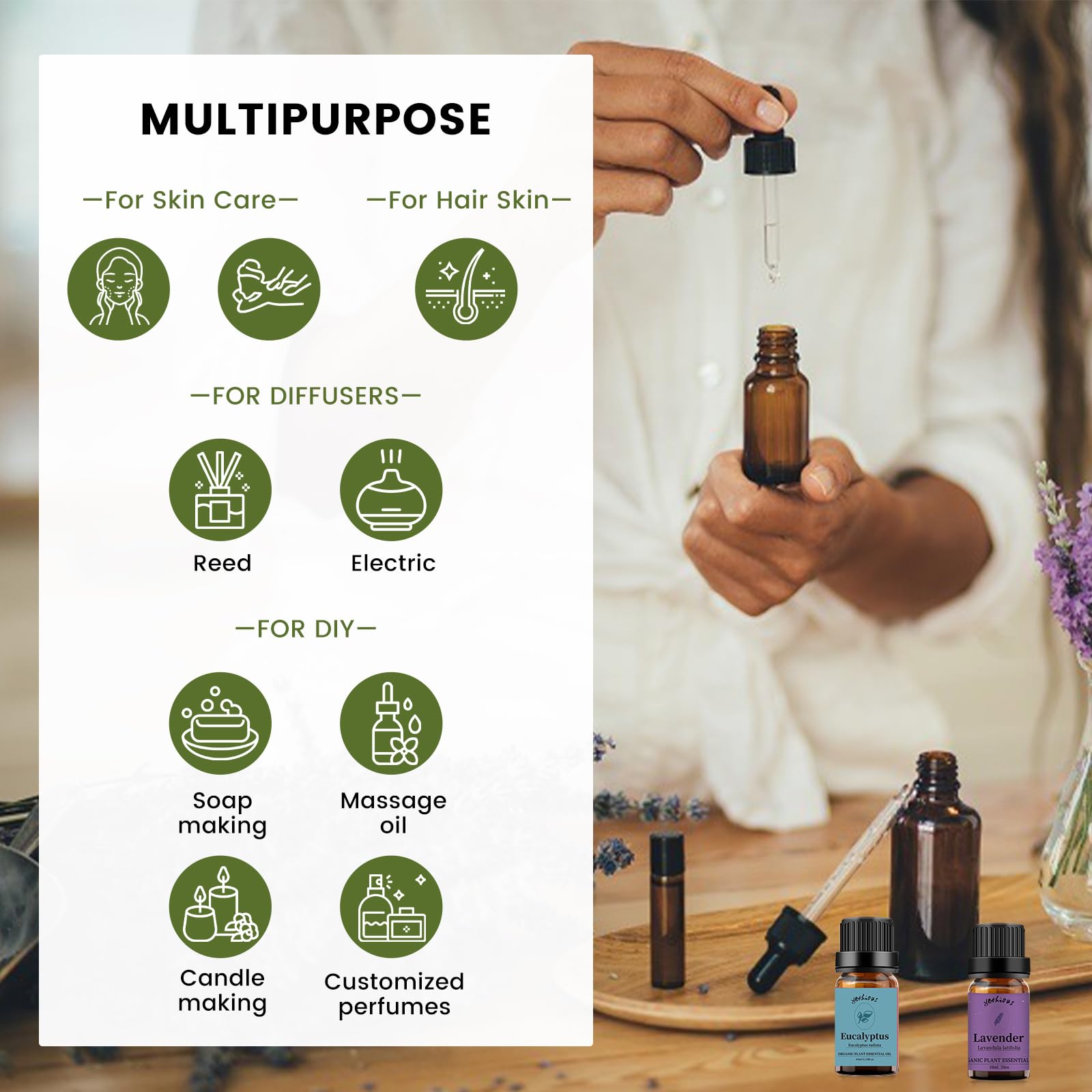 Diffuser releasing aroma with lavender and eucalyptus oils