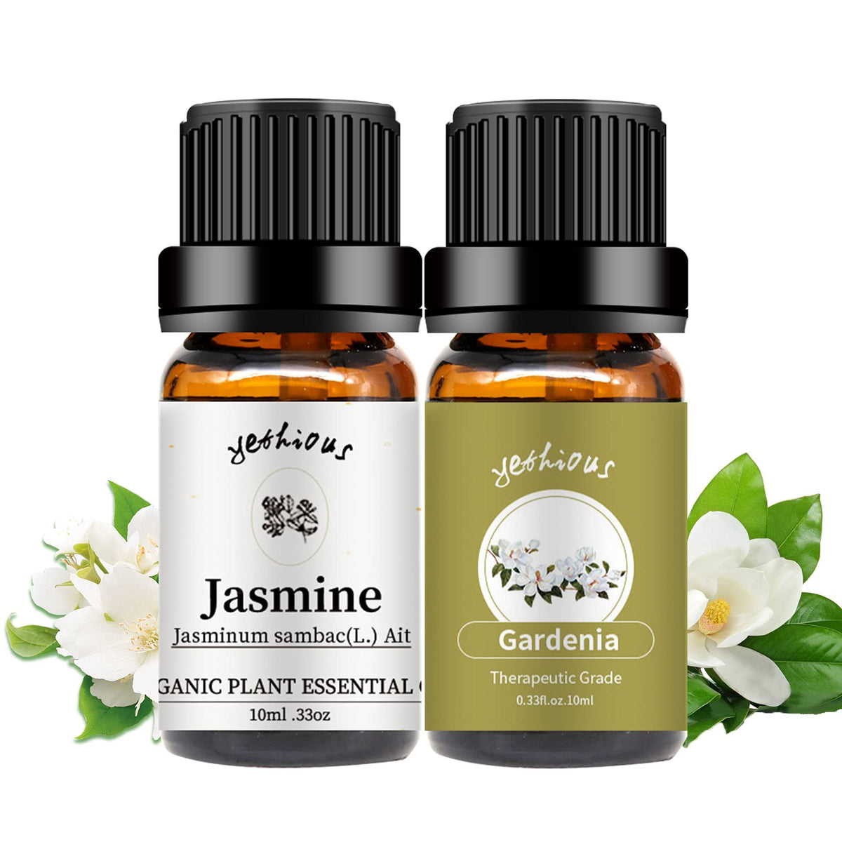Jasmine and Gardenia essential oil set in amber bottles