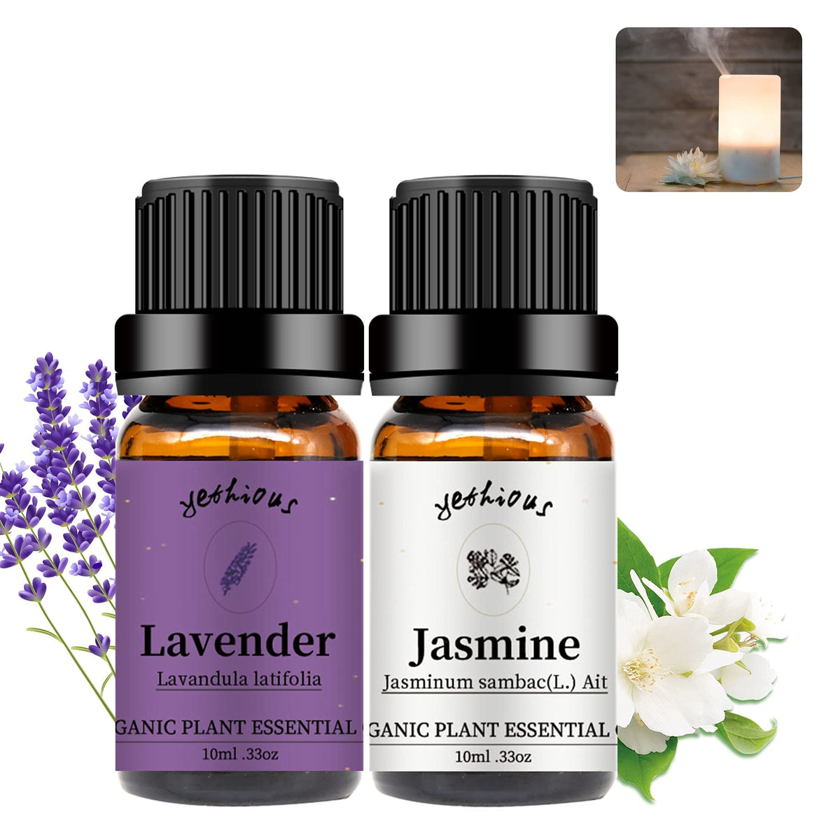 Yethious Jasmine and Lavender Essential Oil Set bottles – front view