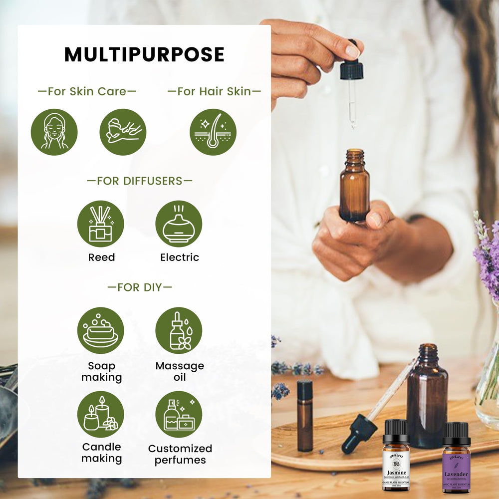 Jasmine and Lavender oil bottles with droppers