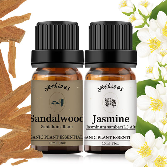 Bottle of Yethious Jasmine Sandalwood Essential Oil with dropper