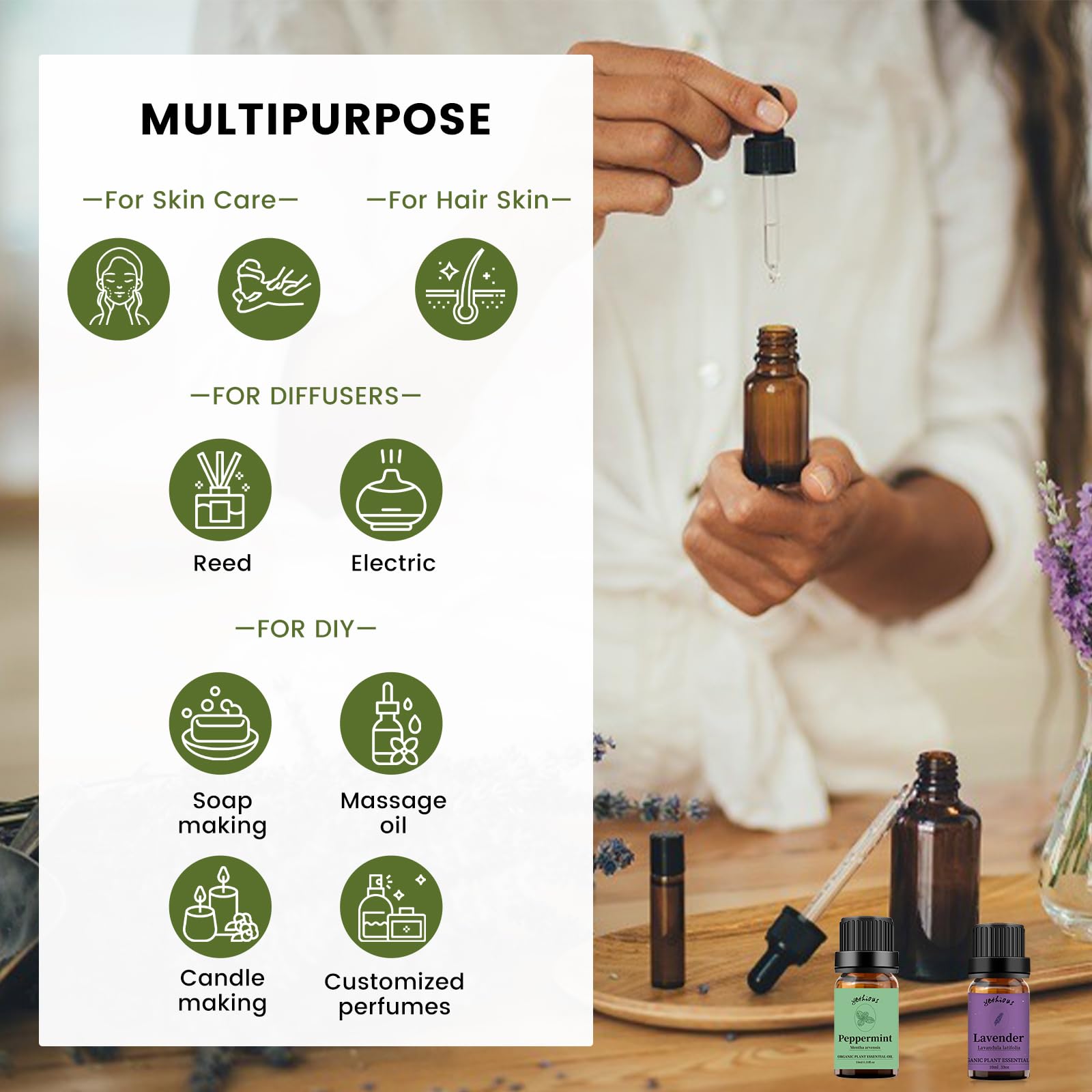 Peppermint essential oil bottle close-up