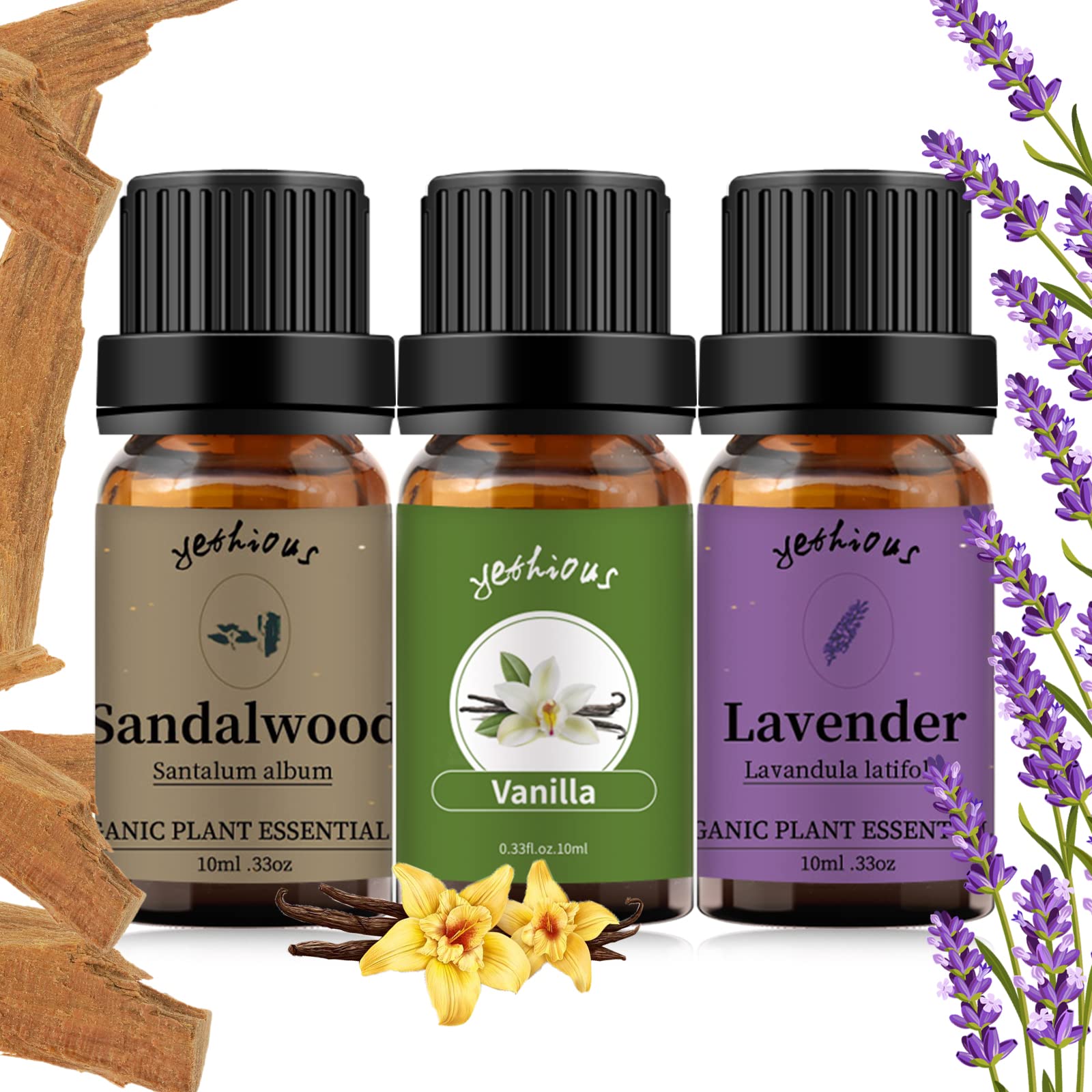 Yethious Lavender Vanilla Sandalwood essential oil bottle with packaging
