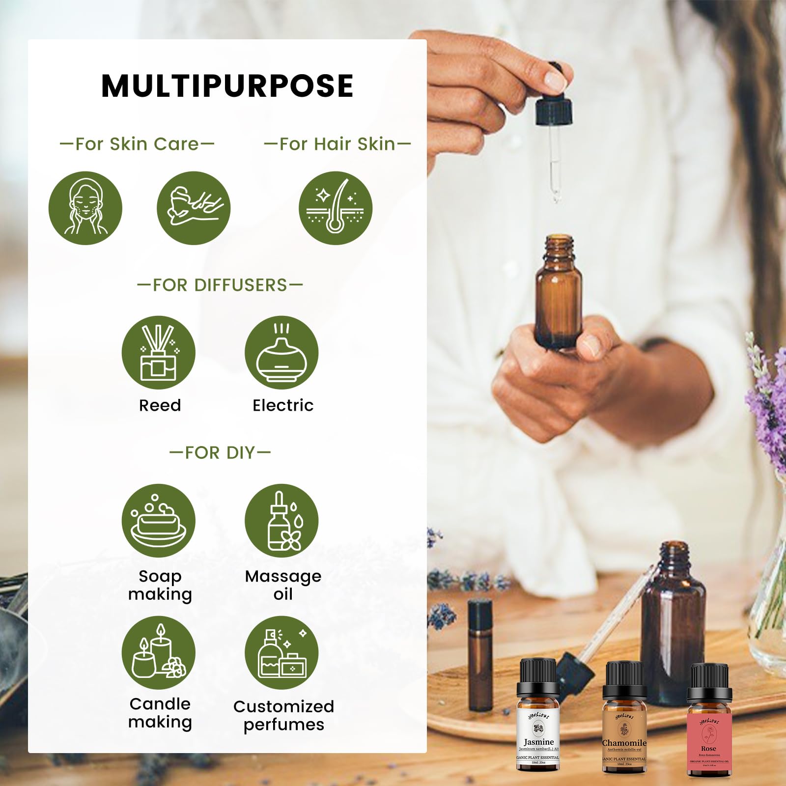 Close-up of amber bottle label for essential oil