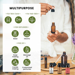 Close-up of amber bottle label for essential oil