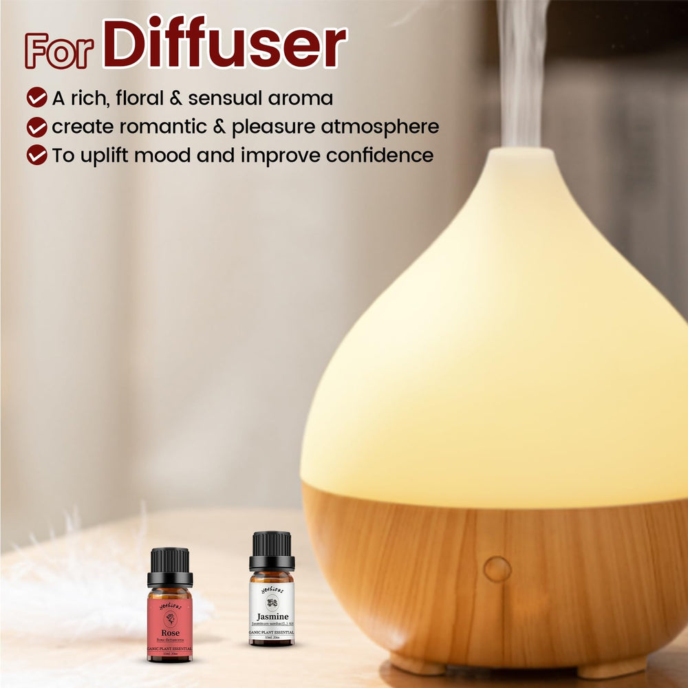 Rose and Jasmine essential oil set packaging and bottles