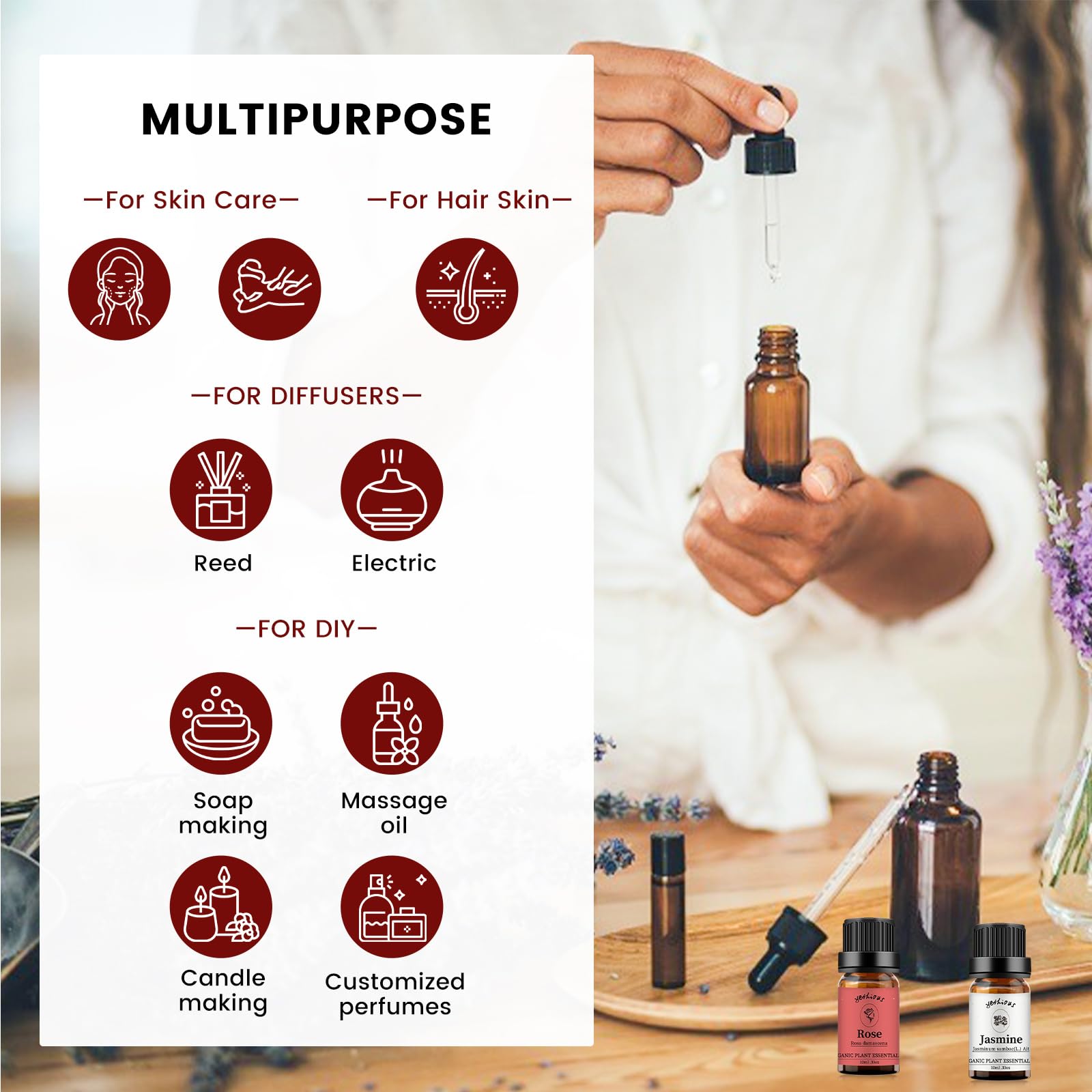 Two 10ml essential oil bottles for diffuser, rose and jasmine scents