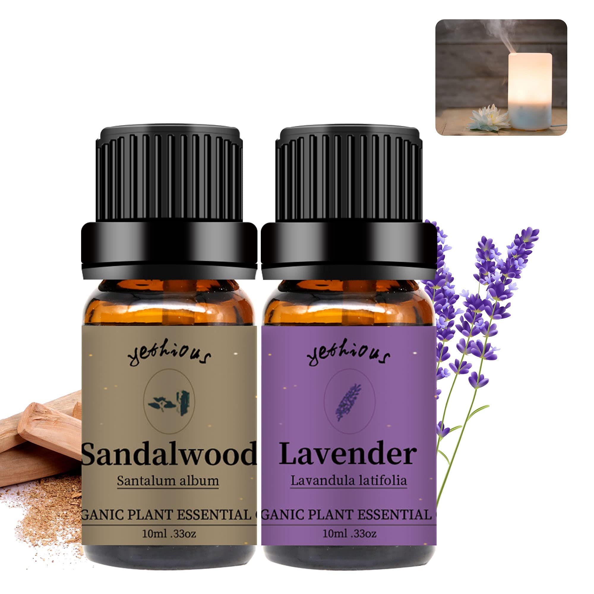 Yethious sandalwood and lavender essential oil set bottles in amber 10ml packaging