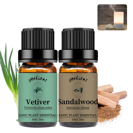 Two 10ml amber glass bottles of Yethious Sandalwood Vetiver essential oil set