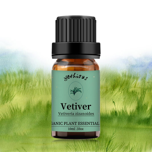 Vetiver essential oil bottle close-up with label