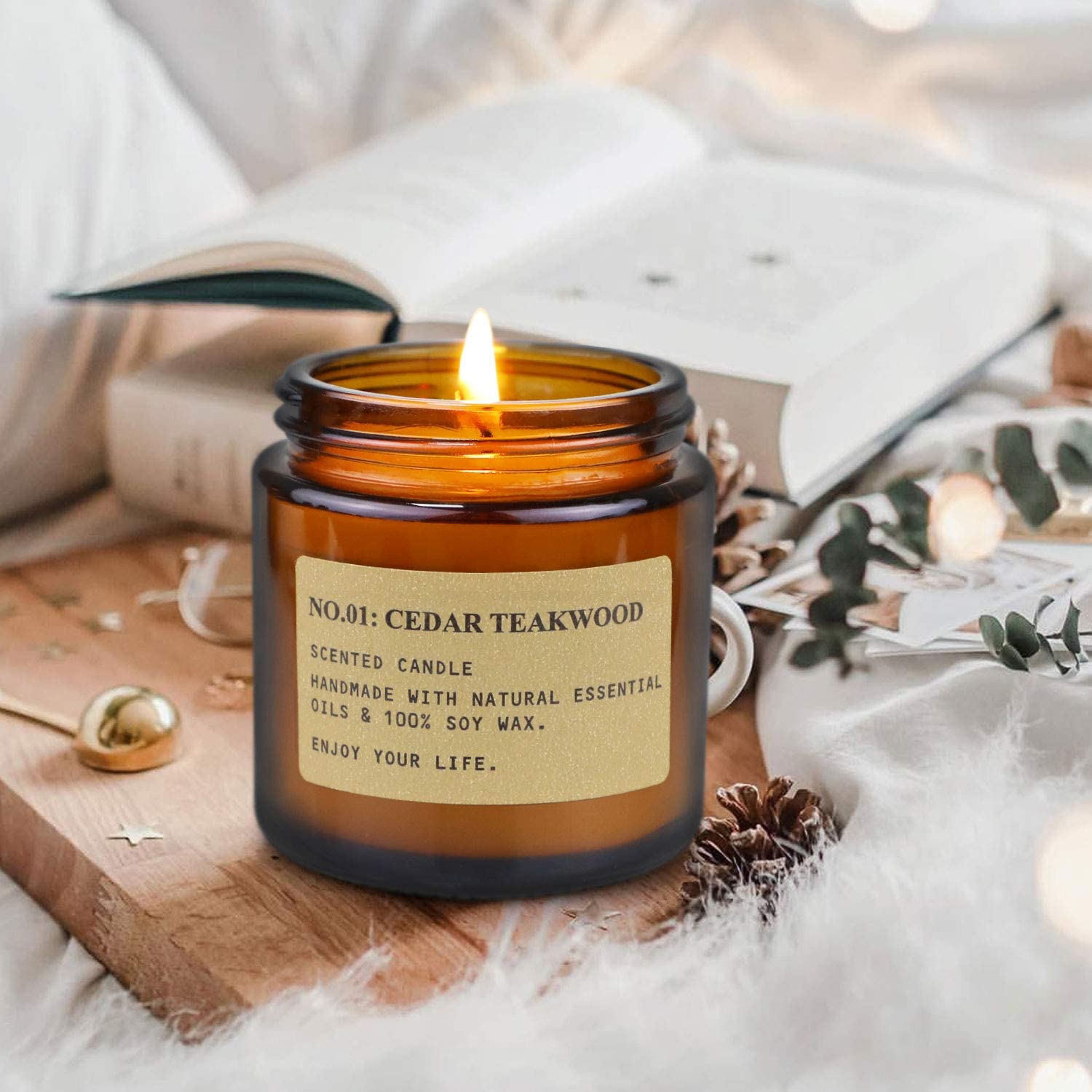 Cedar Teakwood candle in amber jar